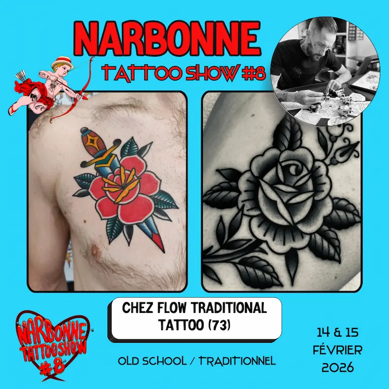 Occitania Events - Tatoueur - Narbonne Tattoo Show #8 - 14 et 15 février 2026 - CHEZ FLOW TRADITIONAL TATTOO Occitania Events - Tatoueur - Narbonne Tattoo Show #8 - 14 et 15 février 2026 - CHEZ FLOW TRADITIONAL TATTOO