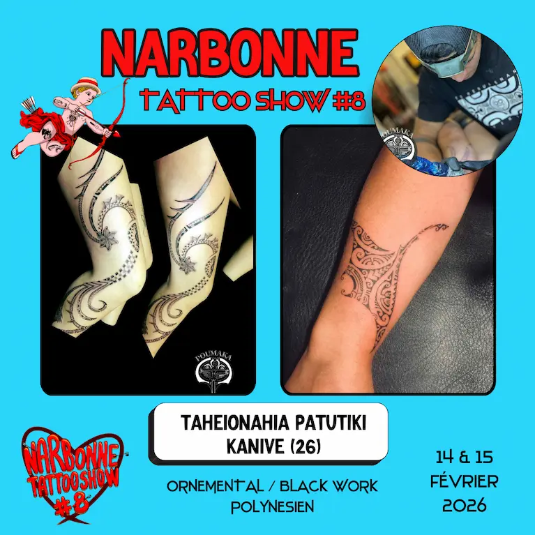 Occitania Events - Tatoueur - Narbonne Tattoo Show #8 - 14 et 15 février 2026 - TAHEIONAHIA PATUTIKI KANIVE Occitania Events - Tatoueur - Narbonne Tattoo Show #8 - 14 et 15 février 2026 - TAHEIONAHIA PATUTIKI KANIVE